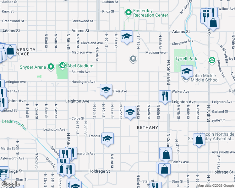 map of restaurants, bars, coffee shops, grocery stores, and more near 6101 Walker Ave in Lincoln