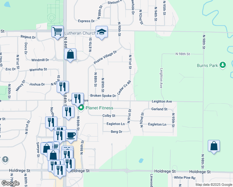 map of restaurants, bars, coffee shops, grocery stores, and more near 8976 Broken Spoke Drive in Lincoln