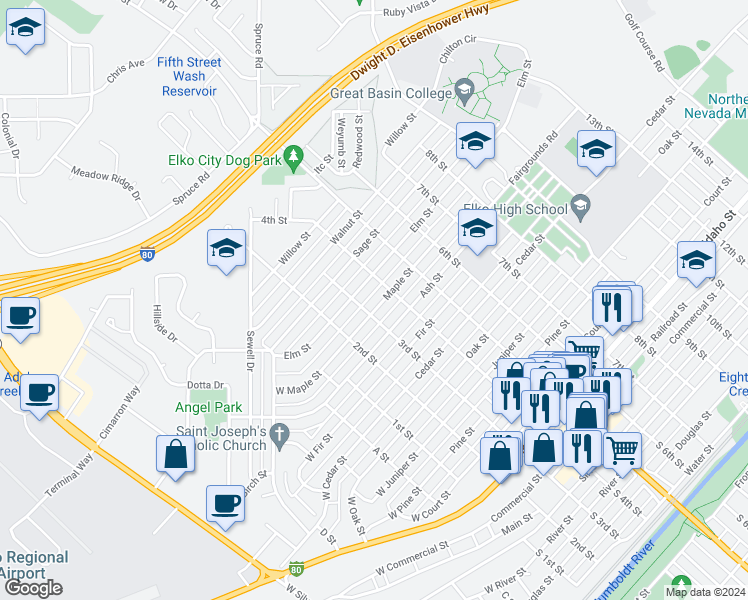 map of restaurants, bars, coffee shops, grocery stores, and more near 345 Maple Street in Elko