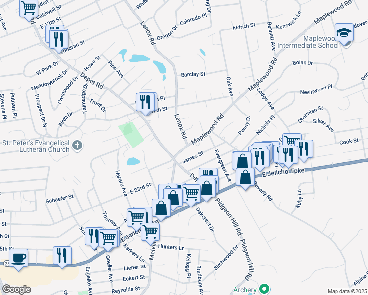 map of restaurants, bars, coffee shops, grocery stores, and more near 5 Maplewood Road in Huntington Station