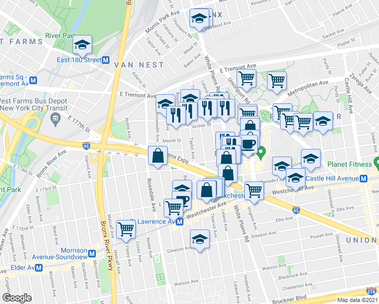 map of restaurants, bars, coffee shops, grocery stores, and more near 1422 Taylor Avenue in Bronx