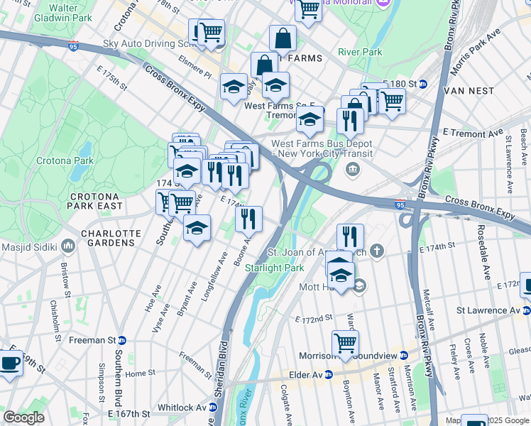 map of restaurants, bars, coffee shops, grocery stores, and more near 1775 West Farms Road in The Bronx