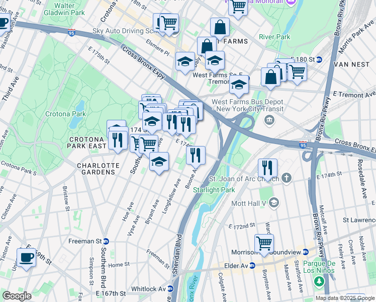 map of restaurants, bars, coffee shops, grocery stores, and more near in The Bronx