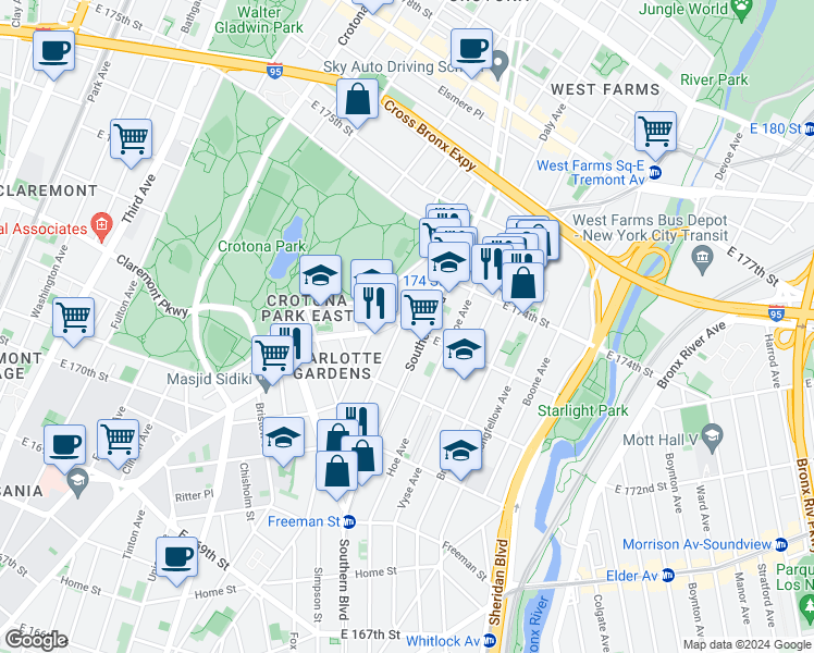 map of restaurants, bars, coffee shops, grocery stores, and more near 1624 Boston Road in Bronx