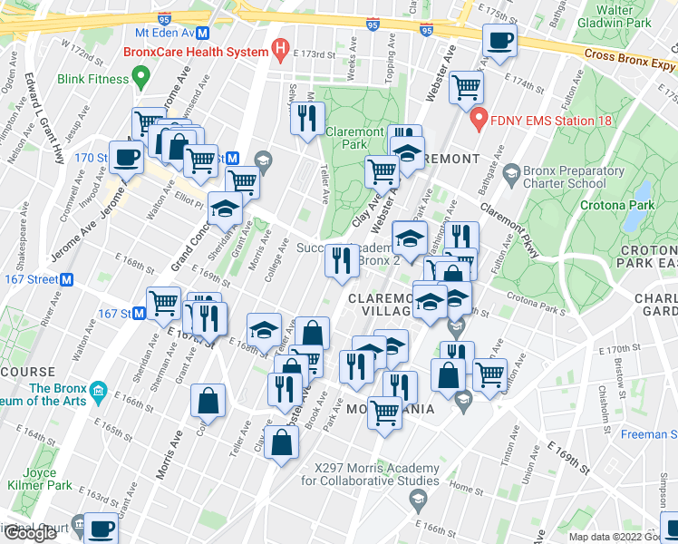 map of restaurants, bars, coffee shops, grocery stores, and more near 1363B Webster Avenue in The Bronx