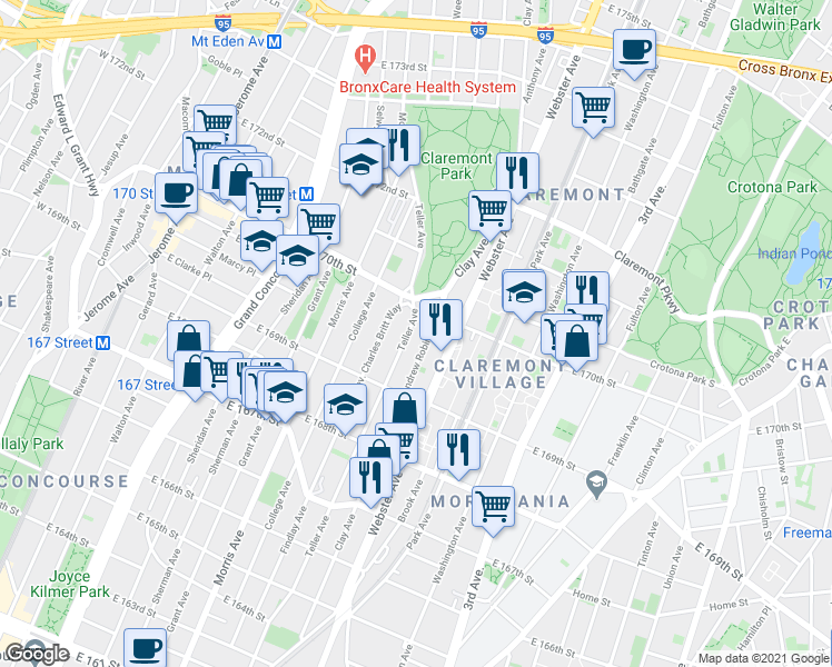 map of restaurants, bars, coffee shops, grocery stores, and more near 1365 Teller Avenue in The Bronx