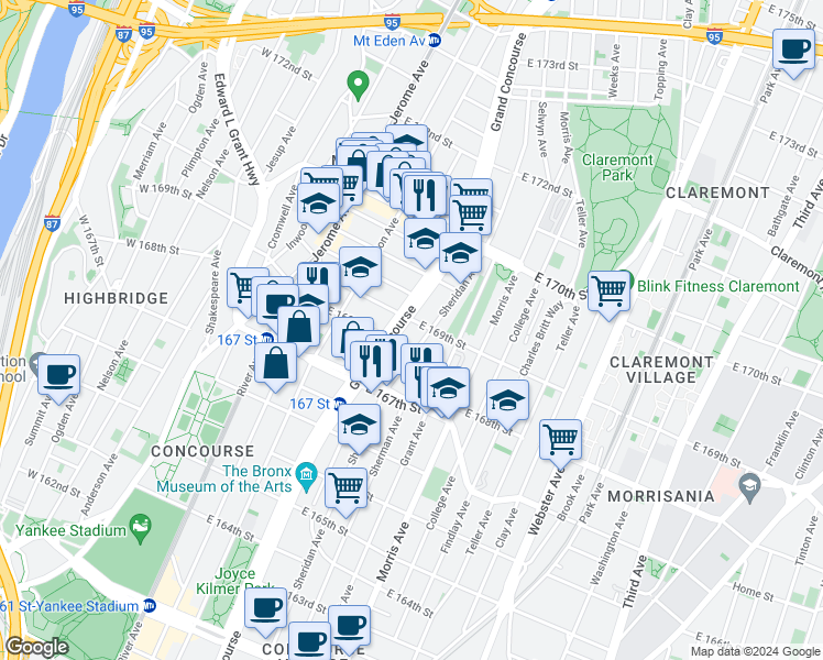 map of restaurants, bars, coffee shops, grocery stores, and more near in The Bronx