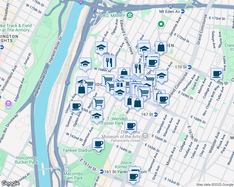 map of restaurants, bars, coffee shops, grocery stores, and more near in The Bronx