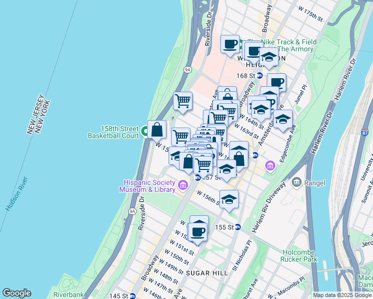 map of restaurants, bars, coffee shops, grocery stores, and more near 834 Riverside Drive in New York