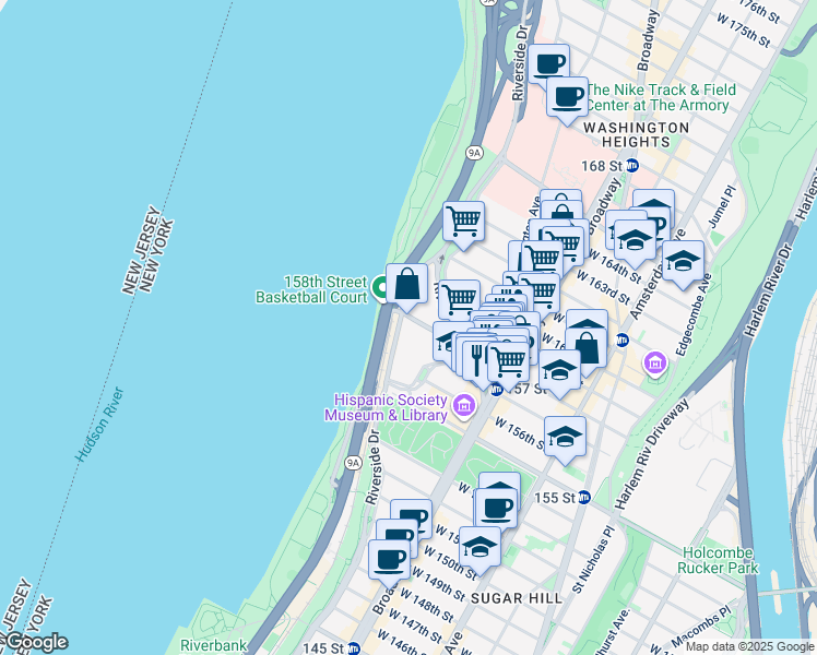 map of restaurants, bars, coffee shops, grocery stores, and more near 10 Riverside Drive West in New York