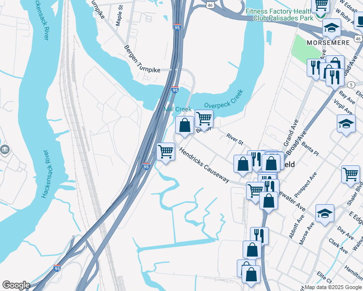 map of restaurants, bars, coffee shops, grocery stores, and more near 1155 Hendricks Causeway in Ridgefield