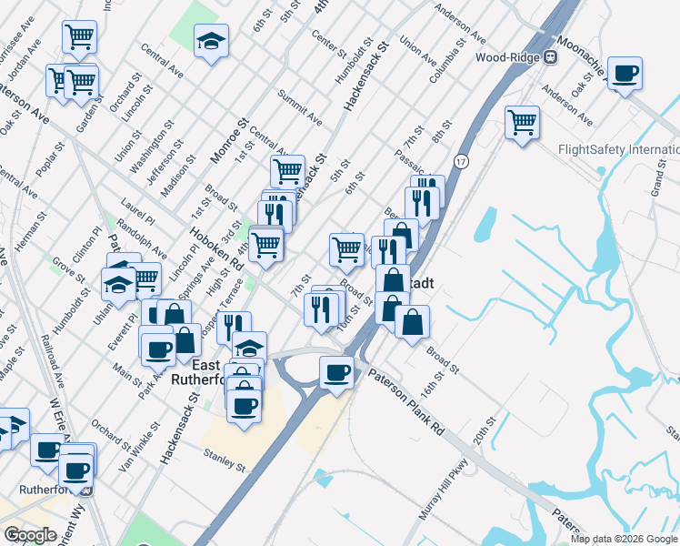 map of restaurants, bars, coffee shops, grocery stores, and more near 344 8th Street in Carlstadt