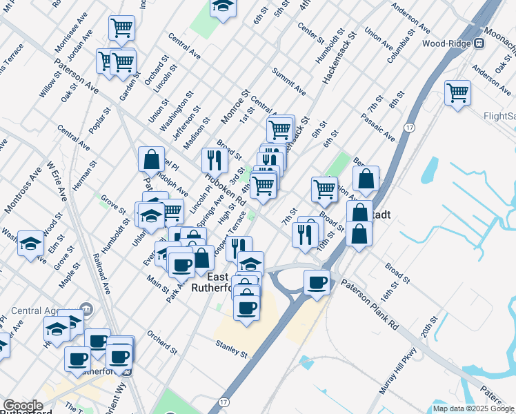 map of restaurants, bars, coffee shops, grocery stores, and more near 306 Hackensack Street in Carlstadt
