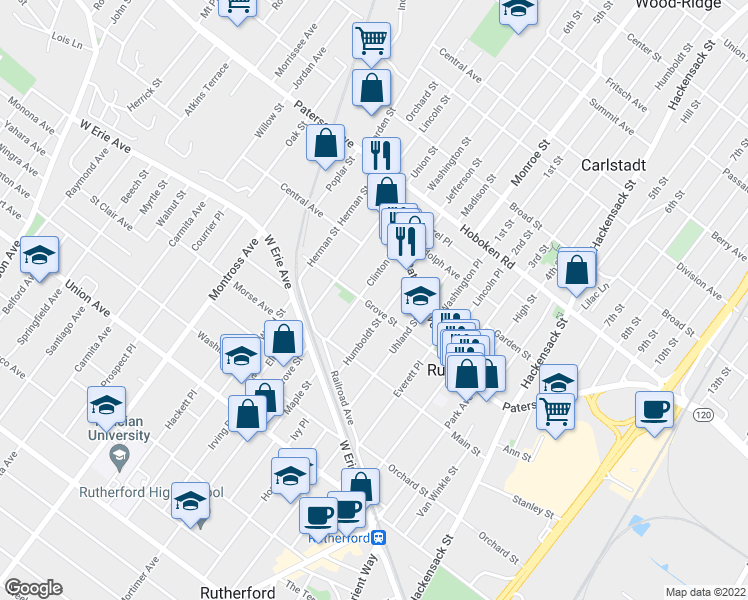 map of restaurants, bars, coffee shops, grocery stores, and more near 322 Grove Street in East Rutherford