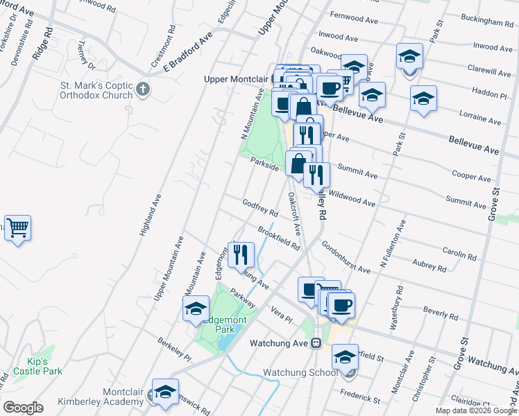 map of restaurants, bars, coffee shops, grocery stores, and more near 32 Godfrey Road in Montclair