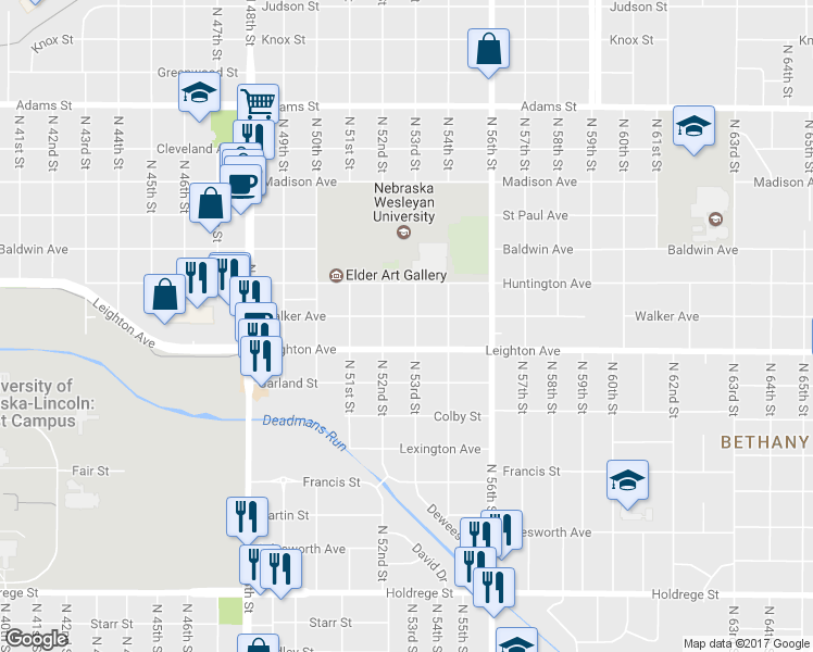 map of restaurants, bars, coffee shops, grocery stores, and more near 5211 Walker Avenue in Lincoln