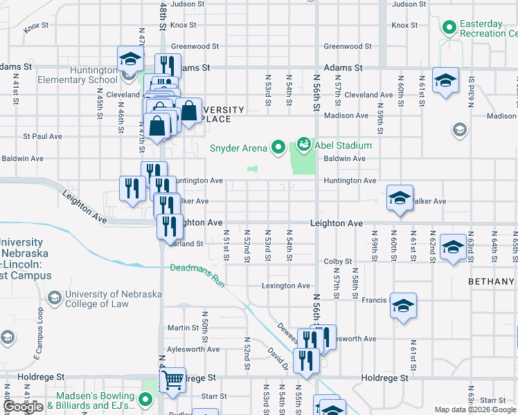map of restaurants, bars, coffee shops, grocery stores, and more near 5211 Walker Avenue in Lincoln