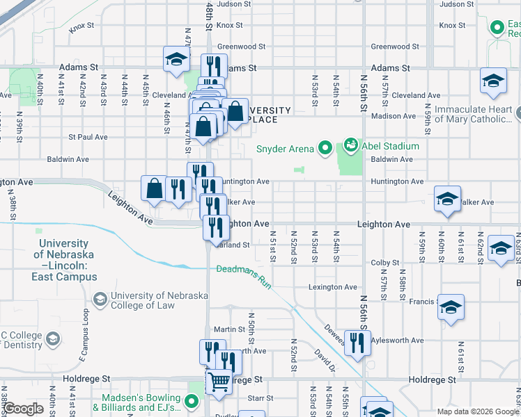 map of restaurants, bars, coffee shops, grocery stores, and more near 5003 Walker Avenue in Lincoln