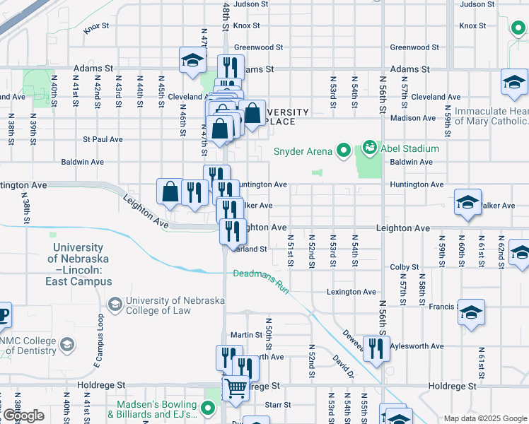 map of restaurants, bars, coffee shops, grocery stores, and more near 5003 Walker Avenue in Lincoln