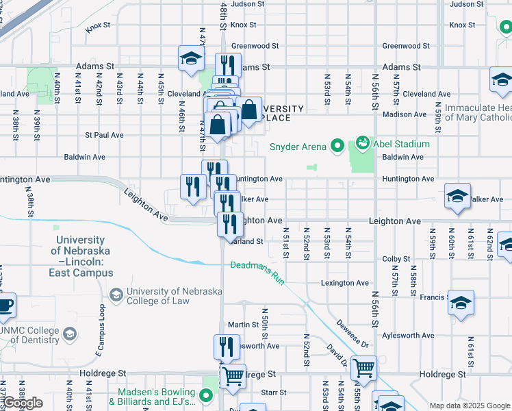 map of restaurants, bars, coffee shops, grocery stores, and more near 5003 Walker Avenue in Lincoln