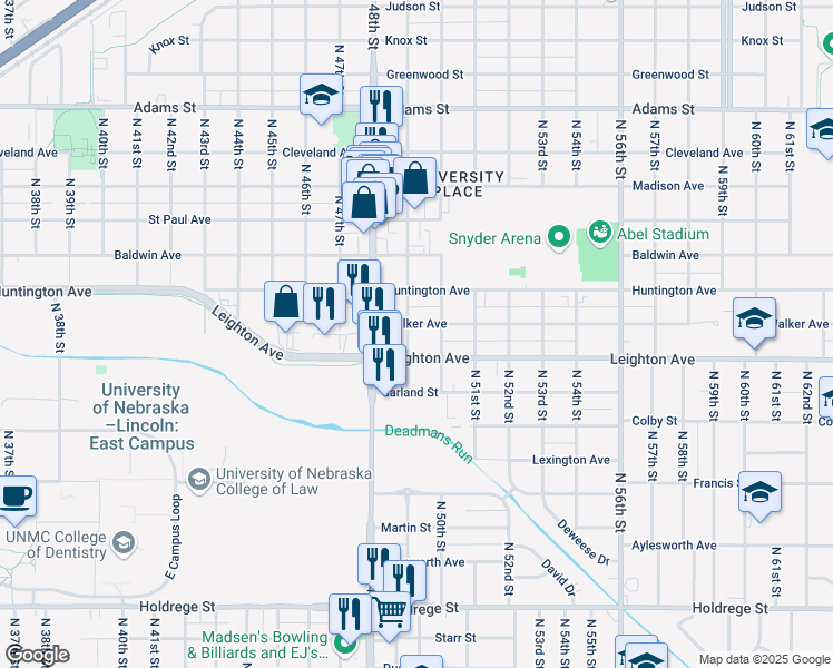 map of restaurants, bars, coffee shops, grocery stores, and more near 4845 Walker Avenue in Lincoln