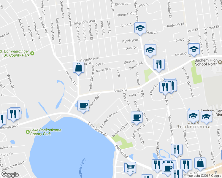 map of restaurants, bars, coffee shops, grocery stores, and more near 55 Smith Street in Lake Grove