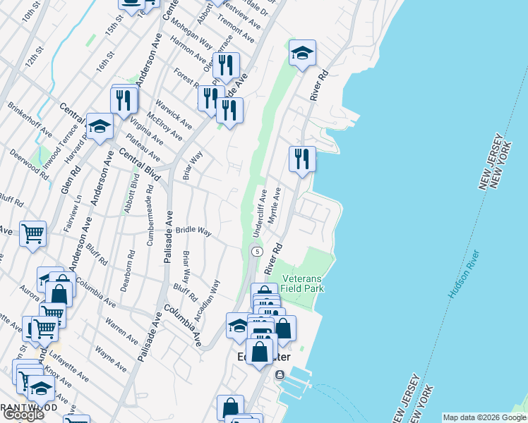 map of restaurants, bars, coffee shops, grocery stores, and more near 607 Undercliff Avenue in Edgewater