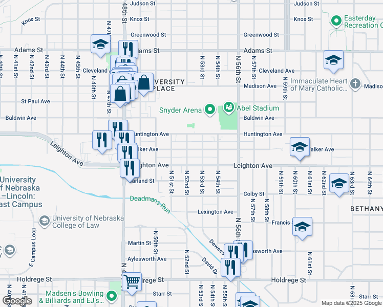 map of restaurants, bars, coffee shops, grocery stores, and more near 5211 Walker Avenue in Lincoln