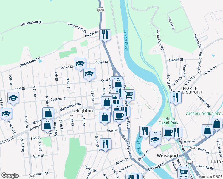 map of restaurants, bars, coffee shops, grocery stores, and more near 228 N 1st St in Lehighton