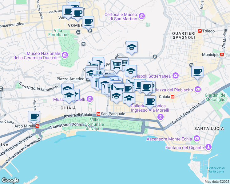 map of restaurants, bars, coffee shops, grocery stores, and more near 31 Via Giosuè Carducci in Napoli