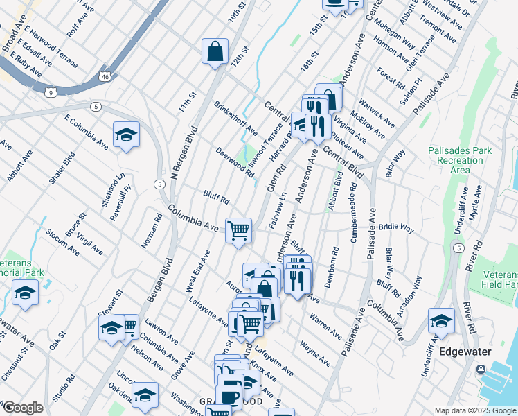 map of restaurants, bars, coffee shops, grocery stores, and more near 1049 New Jersey 5 in Fort Lee