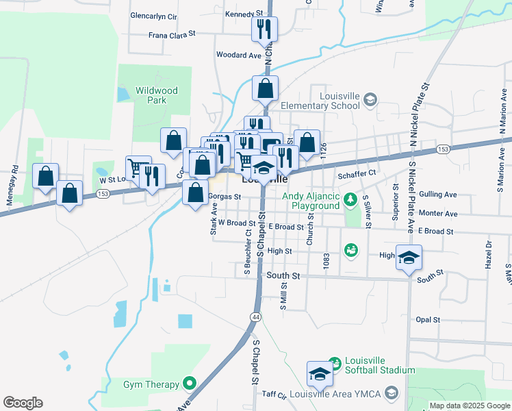 map of restaurants, bars, coffee shops, grocery stores, and more near 310 South Chapel Street in Louisville