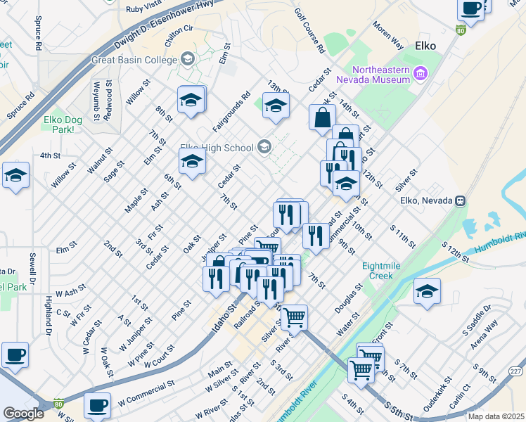 map of restaurants, bars, coffee shops, grocery stores, and more near 735 Pine St in Elko