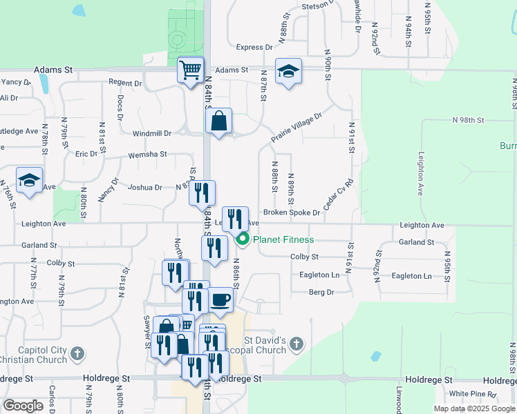 map of restaurants, bars, coffee shops, grocery stores, and more near 2320 North 87th Street in Lincoln