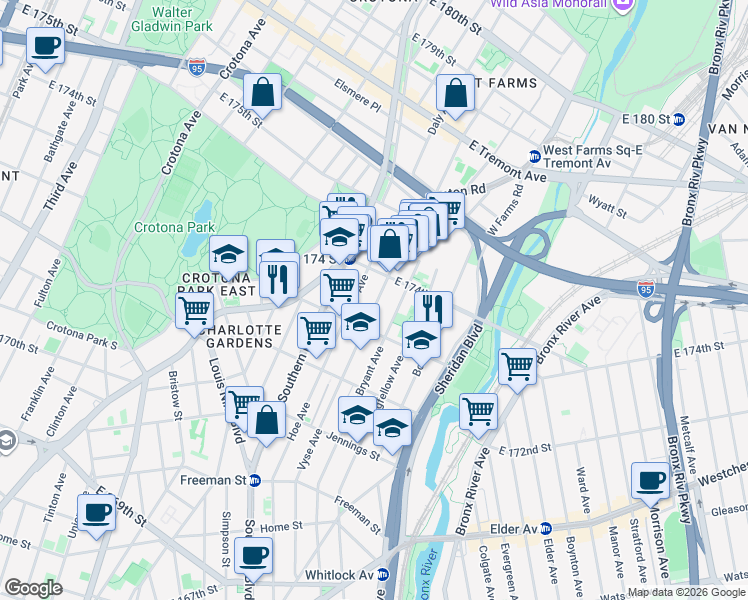 map of restaurants, bars, coffee shops, grocery stores, and more near 1687 Vyse Avenue in The Bronx