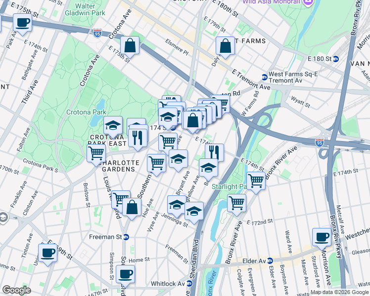 map of restaurants, bars, coffee shops, grocery stores, and more near 1687 Vyse Avenue in The Bronx
