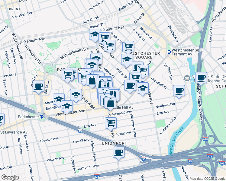 map of restaurants, bars, coffee shops, grocery stores, and more near 2159 Glebe Avenue in Bronx