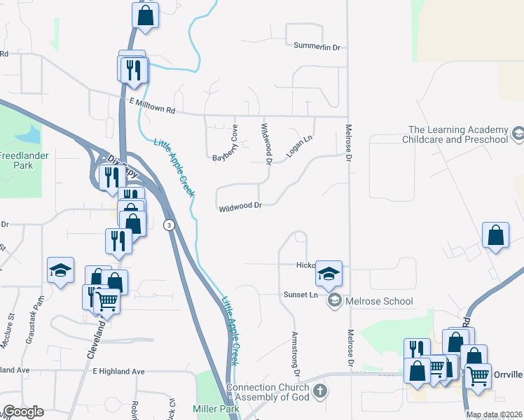 map of restaurants, bars, coffee shops, grocery stores, and more near 1277 Wildwood Drive in Wooster
