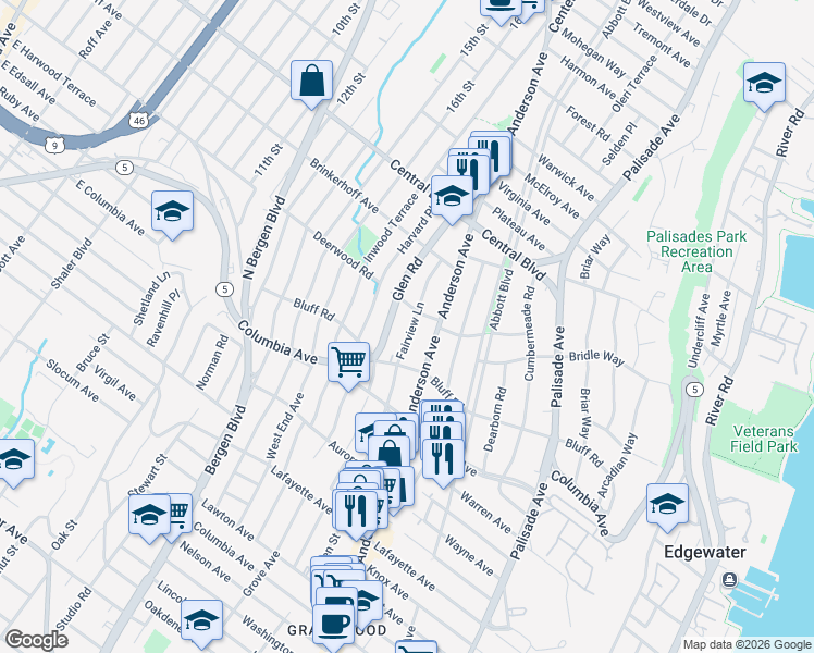 map of restaurants, bars, coffee shops, grocery stores, and more near 1065 Fairview Lane in Fort Lee