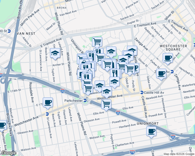 map of restaurants, bars, coffee shops, grocery stores, and more near 1420 Parkchester Road in The Bronx