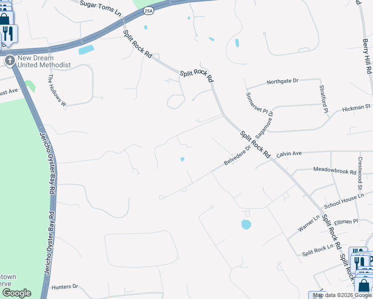 map of restaurants, bars, coffee shops, grocery stores, and more near 355 Split Rock Road in Syosset