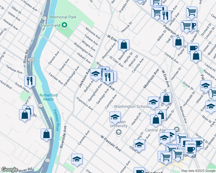 map of restaurants, bars, coffee shops, grocery stores, and more near 313a Union Avenue in Rutherford