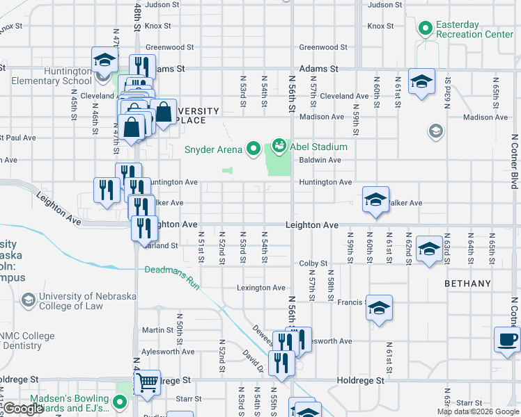 map of restaurants, bars, coffee shops, grocery stores, and more near 5343 Walker Avenue in Lincoln
