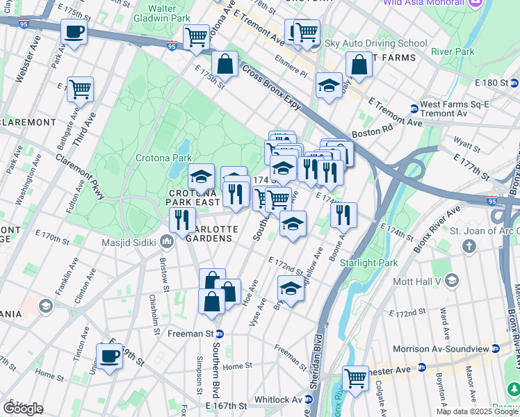 map of restaurants, bars, coffee shops, grocery stores, and more near 907 East 173rd Street in Bronx