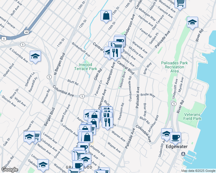 map of restaurants, bars, coffee shops, grocery stores, and more near 1082 Anderson Avenue in Fort Lee