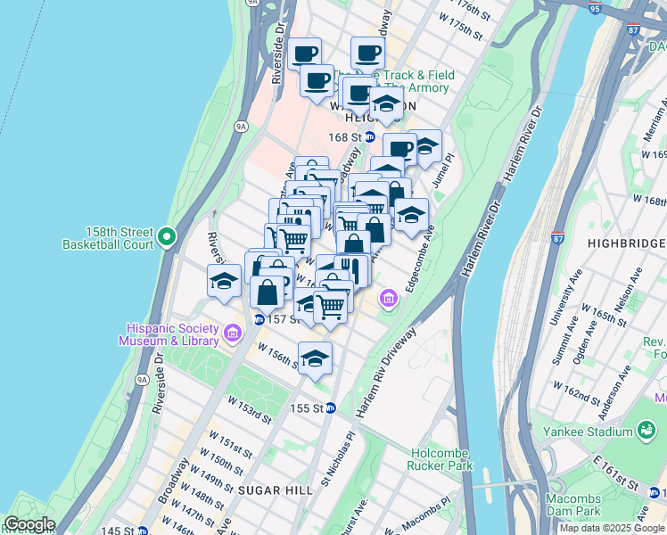 map of restaurants, bars, coffee shops, grocery stores, and more near 517 West 161st Street in New York