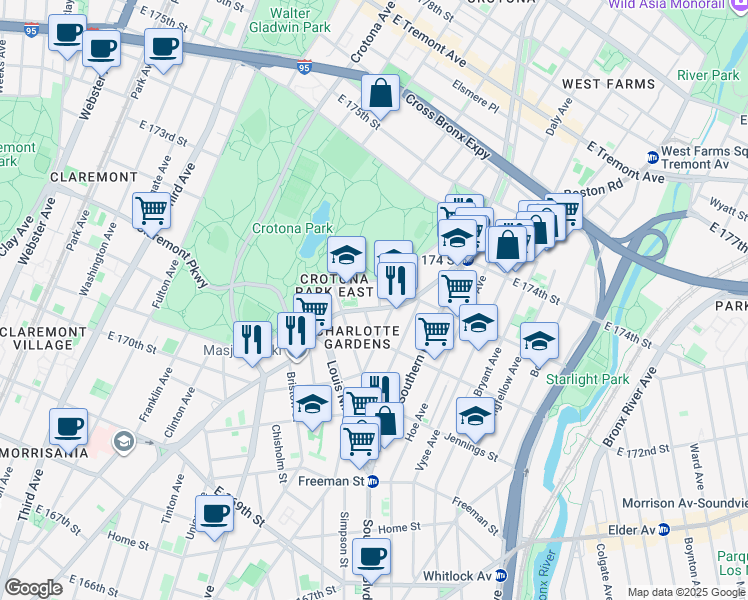 map of restaurants, bars, coffee shops, grocery stores, and more near 820 Suburban Place in Bronx