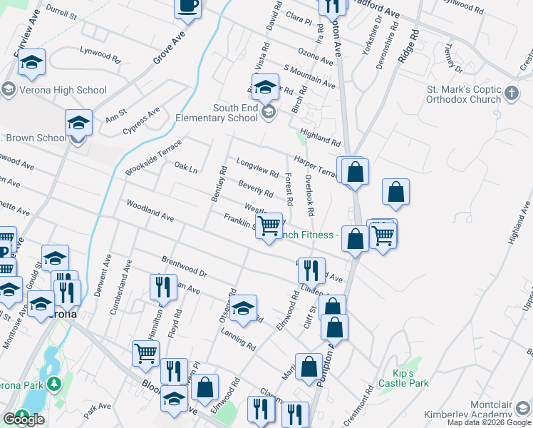 map of restaurants, bars, coffee shops, grocery stores, and more near 56 Westland Road in Cedar Grove