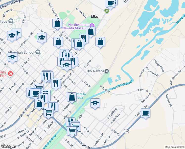 map of restaurants, bars, coffee shops, grocery stores, and more near 1246 River Street in Elko