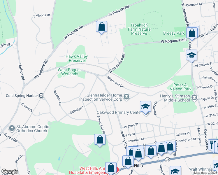 map of restaurants, bars, coffee shops, grocery stores, and more near 9 Cold Spring Hills Road in Huntington